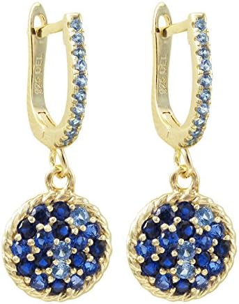 Gold Toned Sterling Silver Round Earrings - Blue Sapphire Simulated Stones - 11mm - By Piers Design