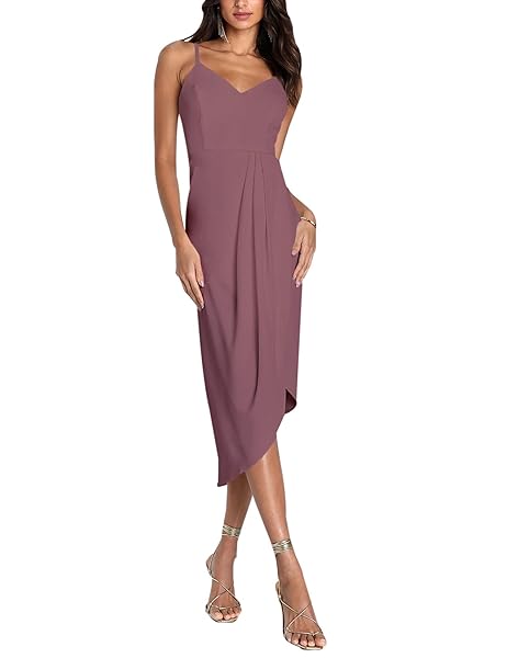 SPRIME WOMEN’S COCKTAIL WRAP DRESS SLEEVELESS V NECK FORMAL MIDI DRESSES IRREGULAR TULIP HEM SUMMER SEXY DRESS FOR WOMEN CAMEO BROWN