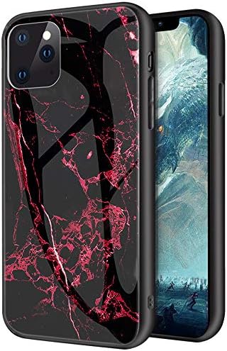 iPhone 11 Pro Max Case,Marble Texture Tempered Glass Smooth Scratch-Proof Protective Back Cover + TPU Soft Anti-Collision Bumper for iPhone 11 Pro Max 6.5''(Red)