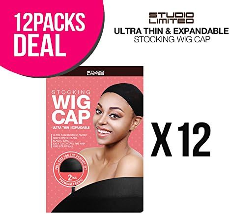24 PCS! STUDIO LIMITED Perfect Fit Ultra Thin & Expandable Stocking Wig Cap, Each pack contains 2 wig caps, 12 PACK (BLACK)