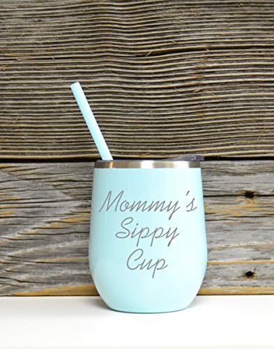 Mommy's Sippy Cup Stainless Wine Glass in Seafoam Color with Clear Plastic Lid and Coordinating Straw