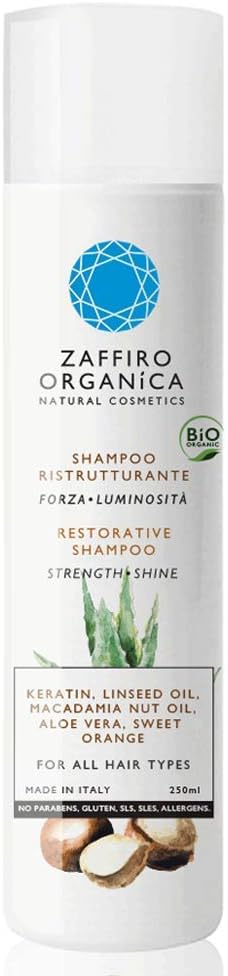 Zaffiro Organica Shampoo Bio with Keratin, linseed oil and Aloe vera, SULFATE and PARABEN free* 100% Organic *, Repairs brittle and damaged hair, Color Safe, For men and women | 200 ml Made in Italy