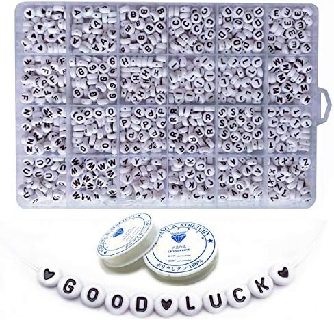 Amaney 1500 Pieces 4×7mm White Round Acrylic Alphabet Letter Beads A-Z and Heart and 2 Roll Crystal String for Jewelry Making Bracelets Necklaces Key Chains and Kids Jewelry Each Letter Included