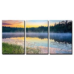 3 Piece Canvas Wall Art - Foggy Sunrise Over Forest Lake - Modern Home Art Stretched and Framed Ready to Hang - 16"x24"x3 Panels