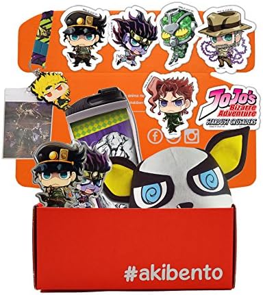 Akibento Exclusive JoJo's Bizarre Adventure Bundle Box(JoJo's Bizarre Adventure-Iggy SD Plush 8" H, Jotaro & Dio Lanyard, Jotaro SD PVC Keychain, Stone Mask Tumbler and Jotaro & Star Platinum SD Pin)
