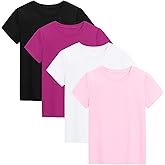 KEREDA 4 Pack Girls Short Sleeve Shirts Cotton T-Shirts Summer Basic Tees Tops Clothes for Kids