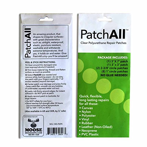 Moose Supply PatchAll Kit Polyurethane Plastic Adhesive Patch Kit for Canvas, Nylon, Polyester, Vinyl, Rubber, Leather, Neoprene and PVC Plastic Includes Multiple Patch Sizes