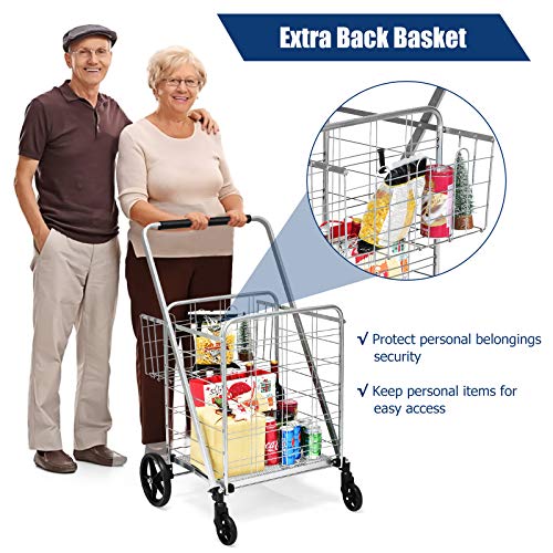 Goplus Folding Shopping Cart, Jumbo Double Basket Utility Grocery Cart