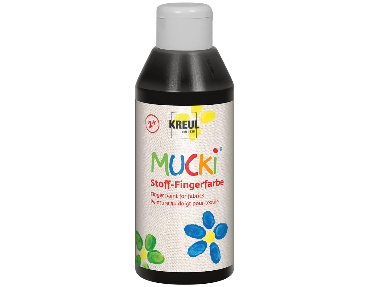 Kreul Mucki 28406 Luminous Fabric Finger Paint, 250 ml in Black, Water-based, Paraben Gluten Lactose and Vegan, Ideal for Use with Fingers and Hands