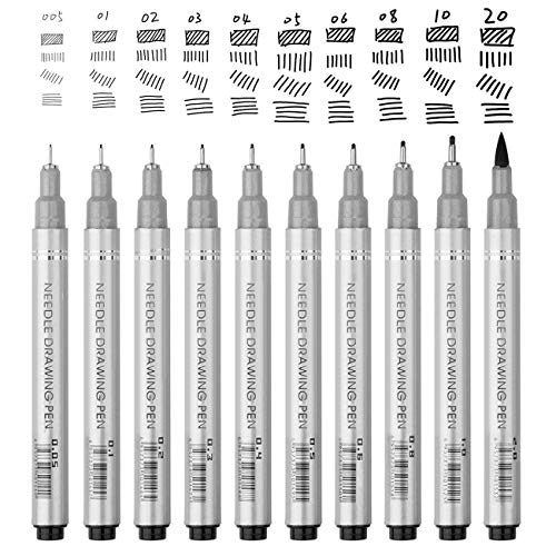 Magicdo Black Micro-Pen Fineliner Ink Pens, Micro Fine Point & Brush Tip Nibs Drawing Pens for Artist Illustration, Office Documents, Scrapbooking, Sketching, Technical Drawing, Set of 10