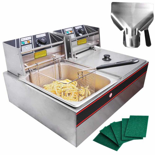 Click Here to See More Images Pro Commercial Stainless Steel Dual Tanks 12L Baskets Lid Covers 5000W Electric Deep Fryer w/ Scoop Pads for Countertop Home Restaurant Appliance Heavy Duty