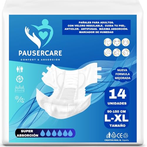 PAUSERCARE Unisex Adult Diapers | Super Absorbents for Incontinence | Men & Women | 14 Disposable Count | Maximum Absorption Day & Night (SIZE L-XL)