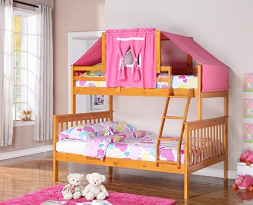 Twin over Full Bunk Beds for Girls with Pink Tent & Free Storage Pockets