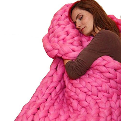 SMYTShop Handmade Chunky Knit Blanket Throw Soft Rug Sofa Bed Lounge Decorator Knitted Bulky Blanket Home Decor Gift 31.5 x 39.4 inches (Hot Pink)