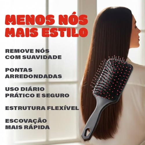 Escova de Cabelo Raquete Almofadada - Cerdas Macias, Anti Frizz, Aniti Quebra Profissional PREMIUM - Cor PRETA