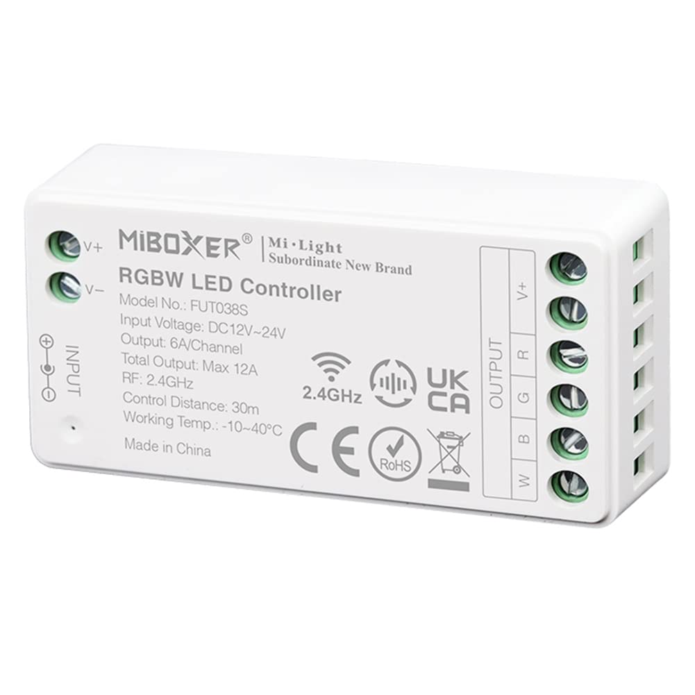 LGIDTECH FUT038S Miboxer RGBW LED Strip Light Controller DC 12V~24V Max Output 12A,Support Old and New Dynamic Mode,Smartphone APP Control via WL-Box1 Gateway(Excluded)
