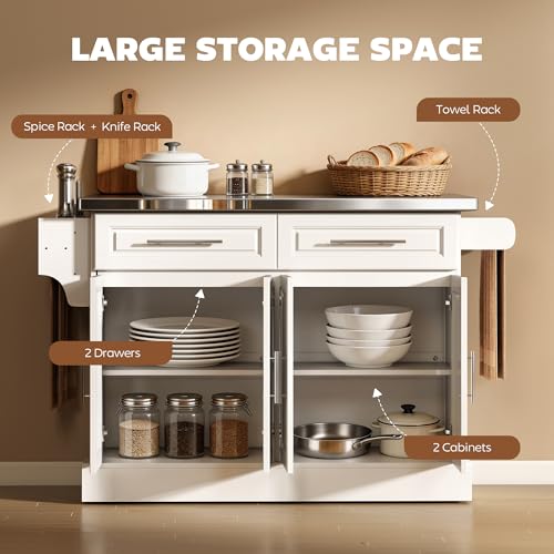 HOMCOM Kitchen Island with 47" Stainless Steel Top, Rolling Kitchen Cart on Wheels with 2 Drawers, 2 Cabinets, Towel & Knife & Spice Rack, White