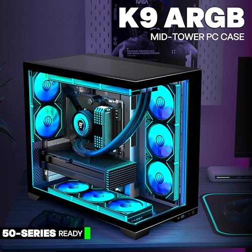 ANSAITE ATX PC-Gehäuse 9×120 mm ARGB PWM-Lüfter vorinstalliert ，Mid-Tower Gaming PC-Gehäuse, Panorama-Gehärtetes Glas Schwarz Computer-Gehäuse mit Typ-C, 360mm Radiator Unterstützung，H-D9 (Schwarz) 2