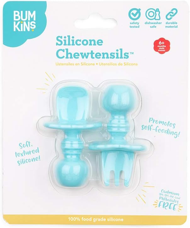 Bumkins Chewtensils, 100% Silicone Baby- Led Weaning Cutlery - Fork and Spoon Pair, 6 Months+, Light Blue - Image 5