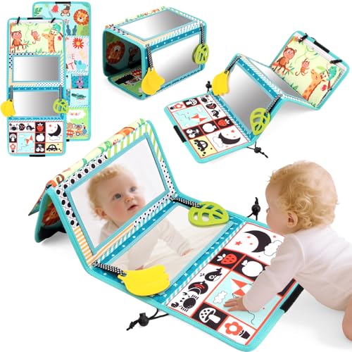 Joyfia Tummy Time Baby Mirror Toys Baby Toys 0-6 Months, Floor Mirror with Crinkle Cloth Book & Teethers, Double-sided Black and White High Contrast Toy, Infant Sensory Toys for Newborn 0-12 Months