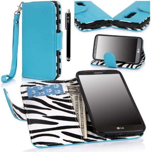 LG G2 Case, LG G2 Flip Case - E LV LG G2 Case Cover Synthetic Leather Wallet Flip Folio Purse Case Cover with Premium Interior Design for LG G2 D802 with 1 Stylus (LG G2, Zebra Blue)