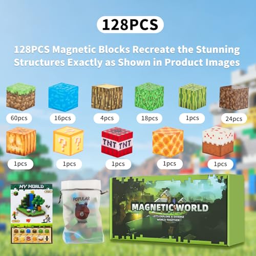 MEESHEEP 128PCS Magnetic Blocks - Waterfall, Build Exact Models Shown in Pictures | STEM Montessori Toys for Girls & Boys Age 3-10 | Inspiring Creativity, Imagination | Suprise Gifts for Kids