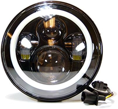 Vehemo 7 Inch Round LED Jeep Headlights, White Halo Ring Angel Eyes and DRL LED Projection Headlight Kit for Jeep Applications &amp; Harley Davidson Motorcycle