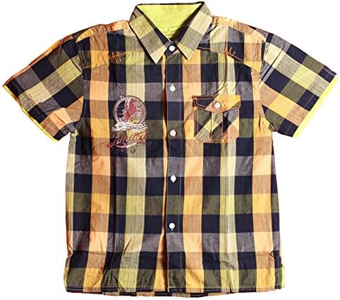 LBS Children Juvenile Colorful Pattern Style Cotton Short Sleeve Dress Shirts (14, Navy Plaid)