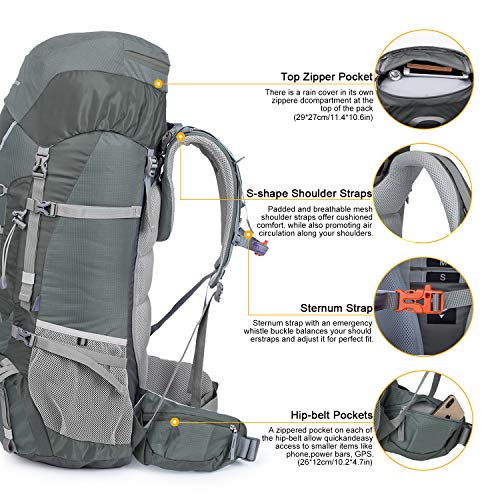 Mountaintop 70L/75L Internal Frame Hiking Backpack (75LGray) Pricepulse