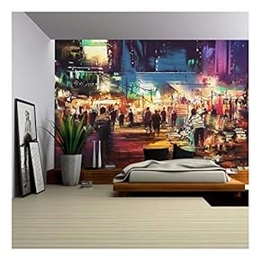 Painting of Shopping Street City with Colorful Nightlife - Removable Wall Mural | Self-Adhesive Large Wallpaper - 66x96 inches