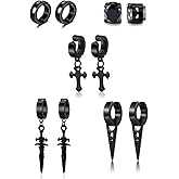 5 Pairs Punk Hip-hop Stainless Steel Black Dagger Geometric Triangle Cross Sword Dangle Surgical Huggie Hoop Earrings Set Gift for Men Women Teen