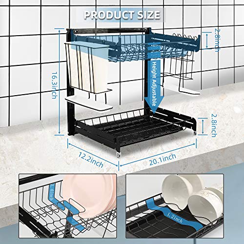 Dish Drying Rack, YIIMER Stainless Steel 2-Tier Dish Rack with Drainboard Set, Height-adjustable Dish Drainer with Utensil Holder, Knife Holder and Cup Holder for Kitchen Counter Top Black