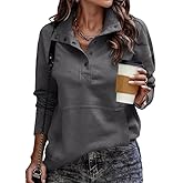 SHEWIN Women's Casual Long Sleeve Stand Neck Sweatshirt Lightweight Button Drawstring Pullover Tops