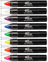UV Glow - Neon UV Paint Stick/Face & Body Crayon - Set of 8 Colours. Genuine and original UV Glow product - glows brightly under Blacklights!