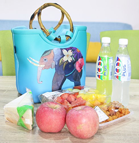 Lunch Bag Tote Bag by QOGiR - Large Reusable Insulated Neoprene lunch Bag with Inside Pocket - Perfect for Women Girls (Colorful Elephant)