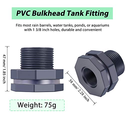2 Pieces PVC Bulkhead Fitting for Rain Barrels, Aquariums, Water Tanks