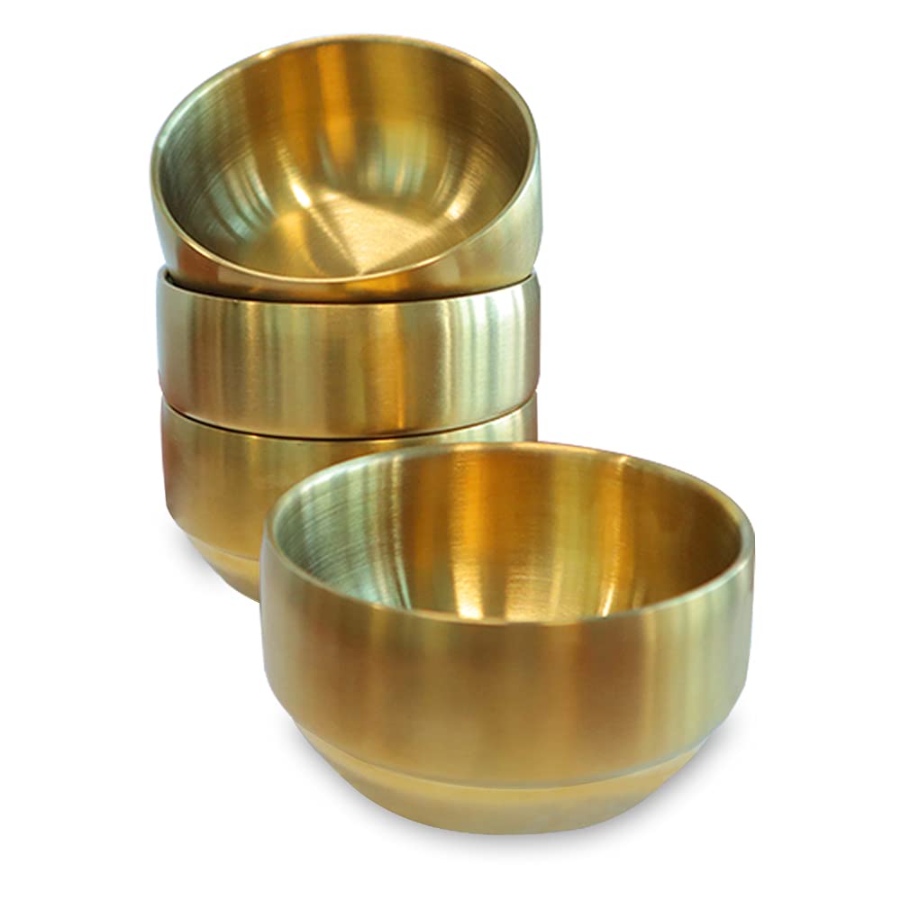 Roucerlin 4Pack Thick 304 Stainless Steel Bowls, Small Double Wall Rice Bowl, Stainless Steel Soup Bowl, Metal Bowls for Salad Fruit Cereal Noodle (Gold, 12cm)