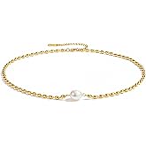 PANSTAR 18K Gold Plated Freshwater Pearl Necklace for Women, Dainty Irregular Single Pearl Beaded Chain Choker, Minimalist Elegant Jewelry Gift for Her