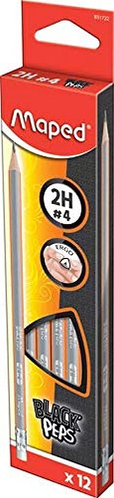 Maped - Pack of 12 Black'Peps Graphite Pencils with Eraser End, Hardness 2H, Wood