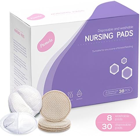 Organic Nursing Pads, Cotton Super Soft &amp; absorbent, Leak-proof, with Laundry Bags, 8 Pack of Washable Nursing Bra pads (+ 30 Pack of Disposable Nursing Pads, 38 Pack)