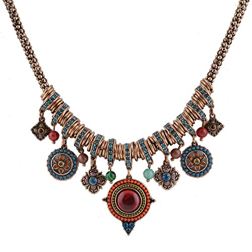 Bohemian Enamel Multicolor Round Pendants Vintage Rhinestone Ethnic Necklace for Women