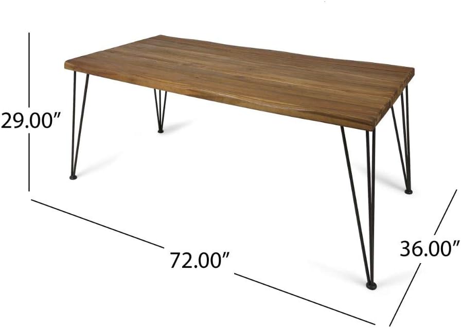 Christopher Knight Home Kama Patio Dining, Rectangular, 72", Acacia Wood Table Top, Rustic Iron Hairpin Legs, Teak Finish, Metal: Furniture & Decor
