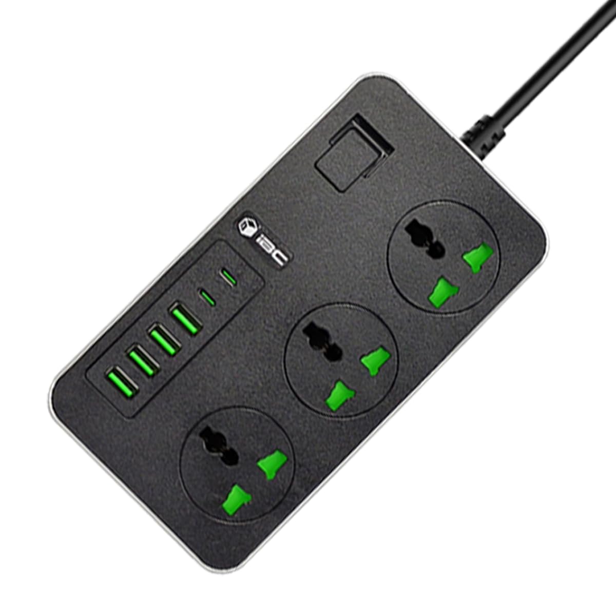 iBlockCube Universal Extension Lead with 6 USB Ports | 2 Meter Cable Power Strip Surge Protector, Wall Adapter Power Hub w/Switch | Fuse & Shutter, 3 Way Gang Socket Electrical, UK Plug (Black Gray)