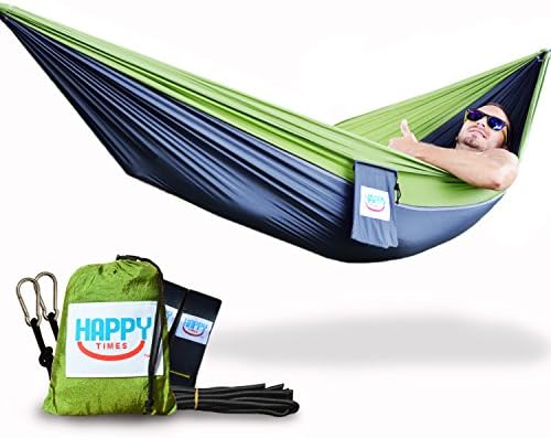Happy Times Single One Person Nylon Parachute Outdoor Camping Hammock and Tree Straps with Paracords and Carabiners Bundle - Olive Green and Charcoal Gray - portable camo hammock gift for outdoorsman