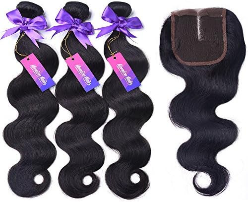 Mornice Hair 100% Unprocessed 3 Bundles 8A Brazilian Remy Body Wave Virgin Hair with 4x4 Lace Top Middle Part Closure Human Hair Weave (14"16"18"+14"closure)