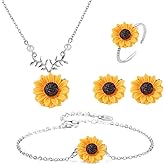 Clataly Sunflower Necklace Earring Bracelet Ring Set Boho Resin Petal Pendant for Women Jewelry Accessories
