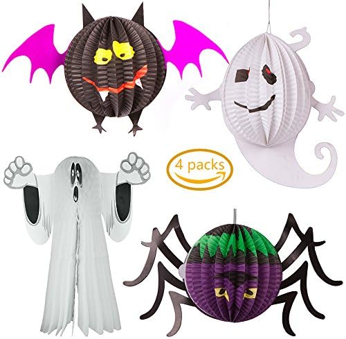 Halloween Gruesome Group 3D Honeycomb Hanging Decoration Bat Ghost Spider Paper Lanterns ,Pack of 4 Halloween Party Decoration