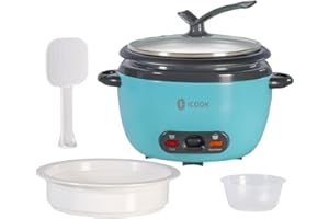 ICOOK Blue Rice Cooker 0.6L Grains,Oatmeal,Cereals Cooker,Rice Warmer Steamer,Small Mini Rice Cooker,Removable Nonstick Pot,Full View Glass Lid,Blue