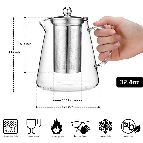 Teocera Glass Tea Pot - High Borosilicate Teapot with 304 Stainless Steel Infuser, Perfect for Loose Leaf Tea, Flower Tea, Tea Bag.