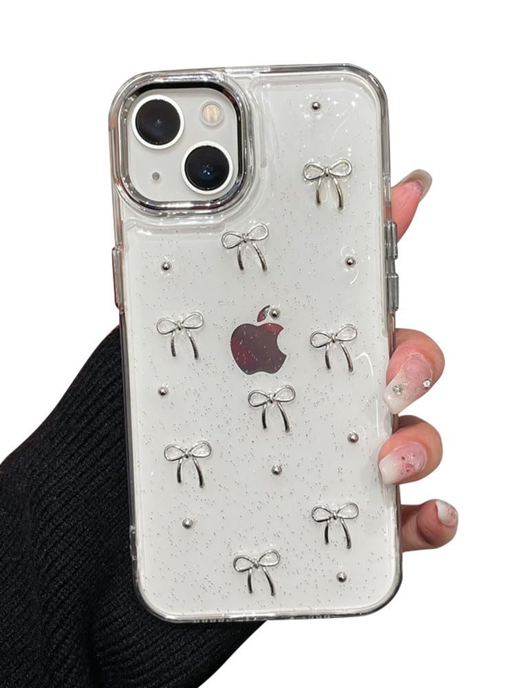 EYZUTAK Case for iPhone 15, Bling Glitter 3D Bowknot Phone Case - Cute Sparkly Crystal Clear Bow Aesthetic Design - Slim Soft Durable TPU Transparent Protective Cover for Women Girls - Bow